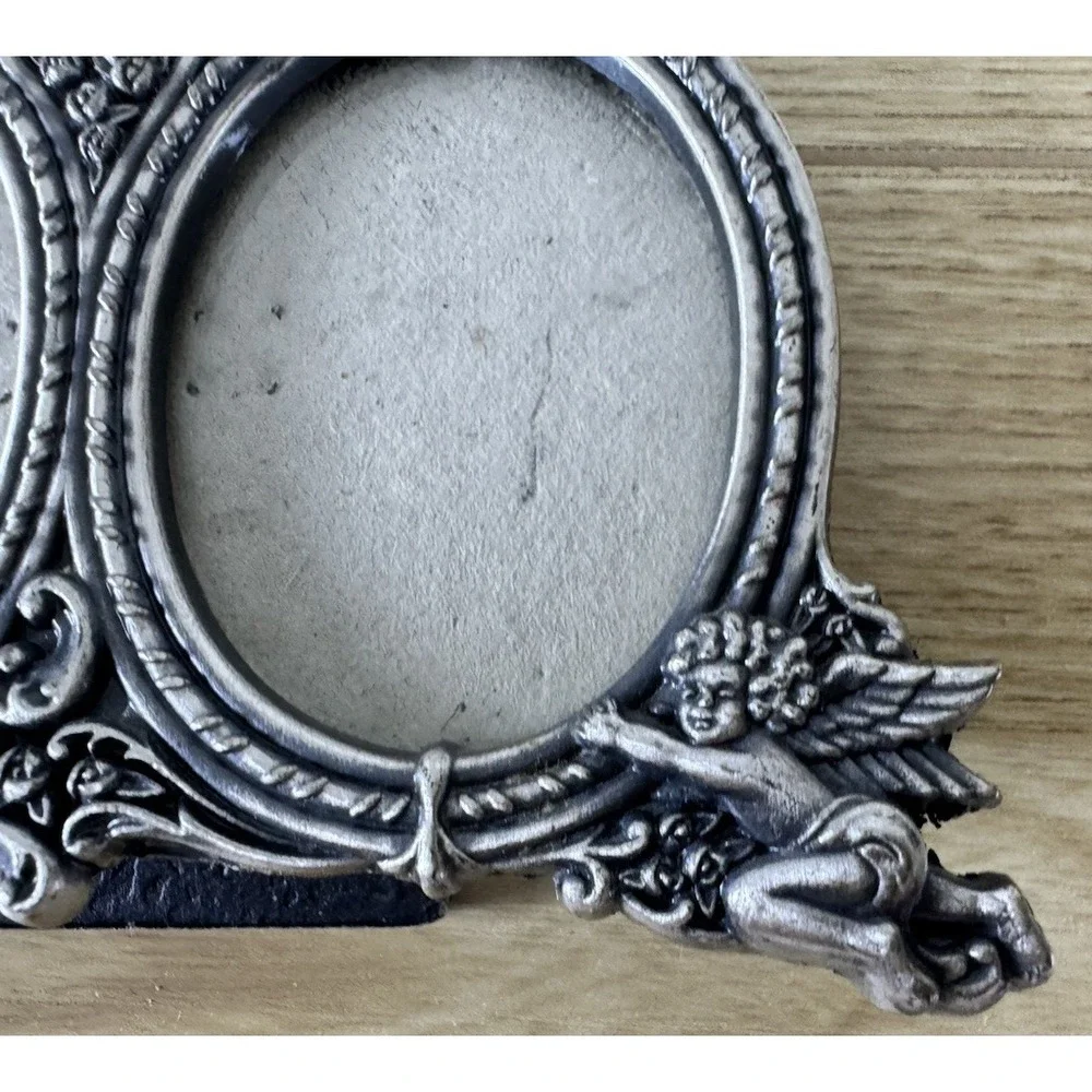 Vintage Burnes of Boston Pewter Double Oval Picture Frame Cherub Angel Ornate